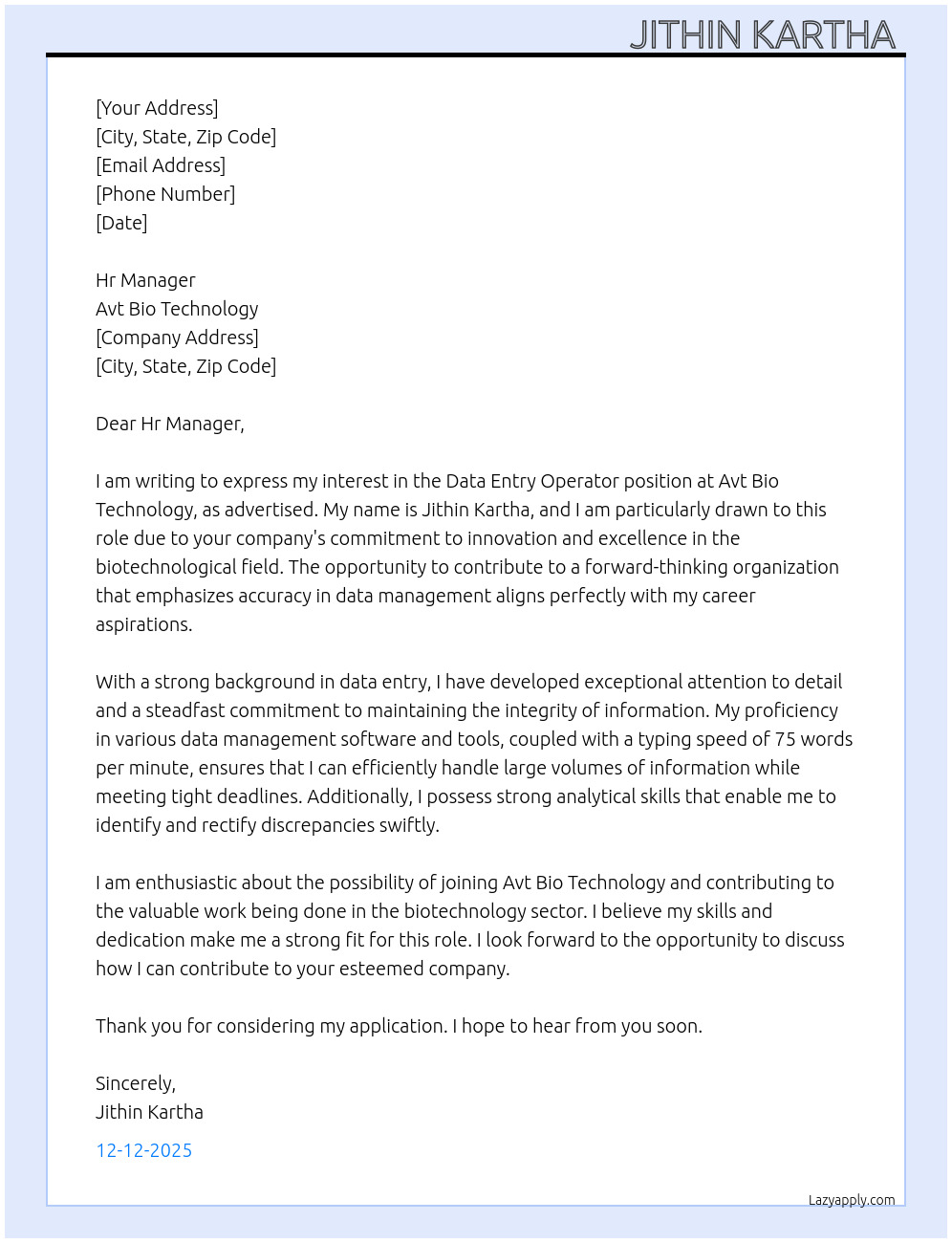 Cover letter for data entry operator - LazyApply