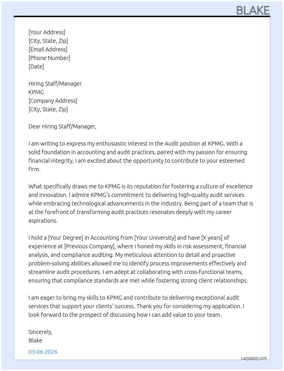 Audit At KPMG Cover Letter