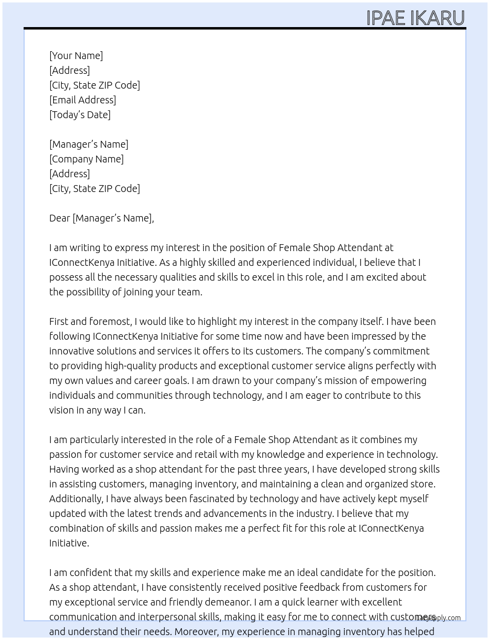 FEMALE SHOP ATTENDANT At ICONNECTKENYA INITIATIVE Cover Letter