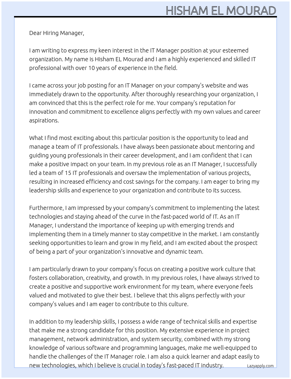 IT Manager At your organization Cover Letter