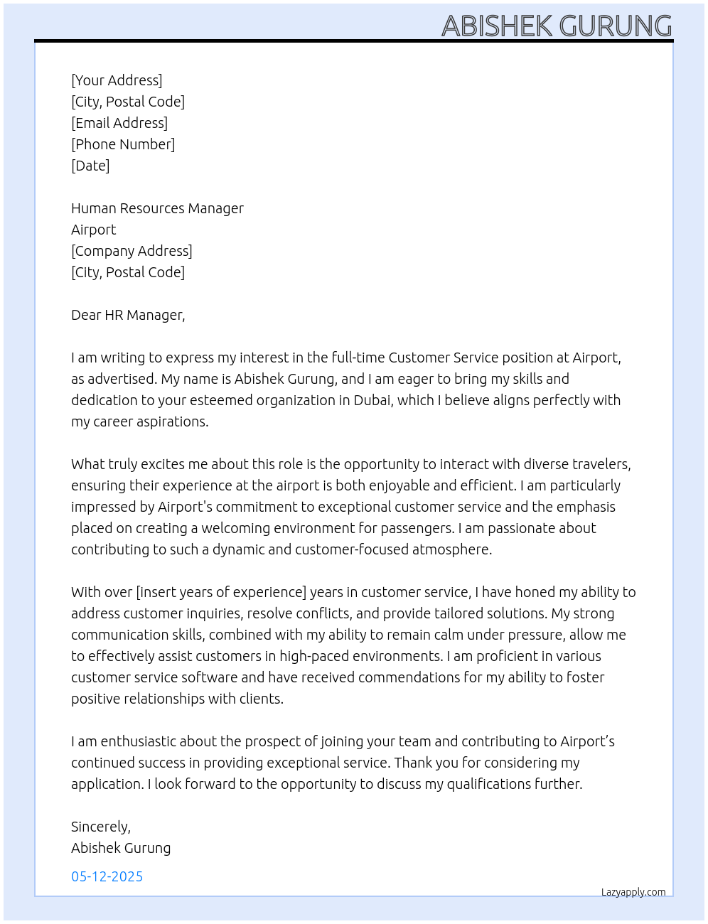 Customer service At Airport Cover Letter