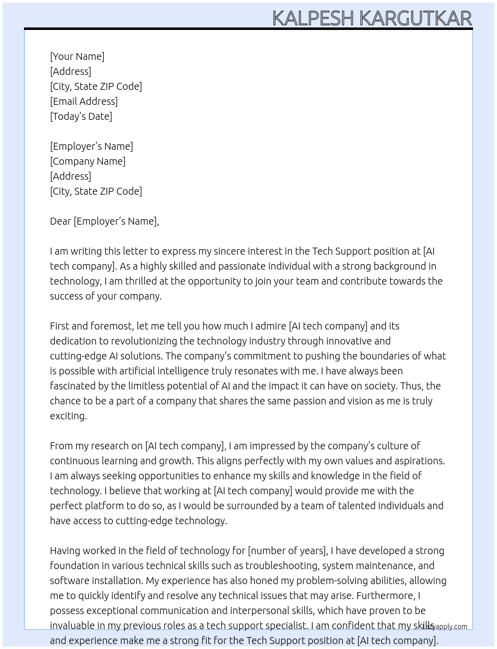Cover letter for tech support - LazyApply