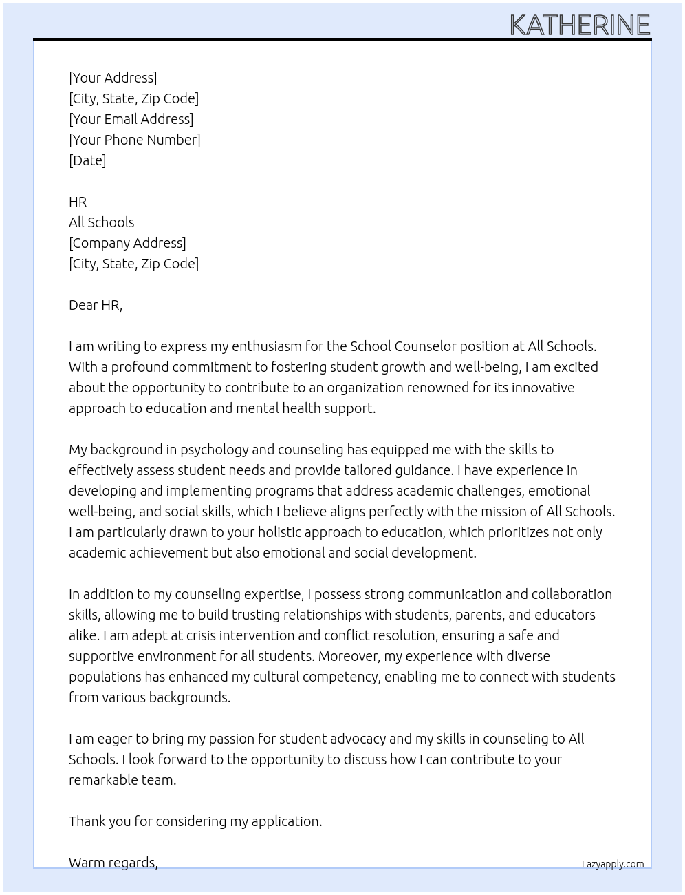 Cover letter for school counselor - LazyApply