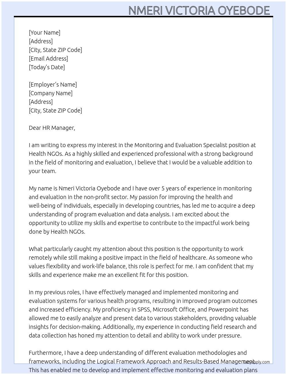 Monitoring and Evaluation Specialist At Health NGOs Cover Letter