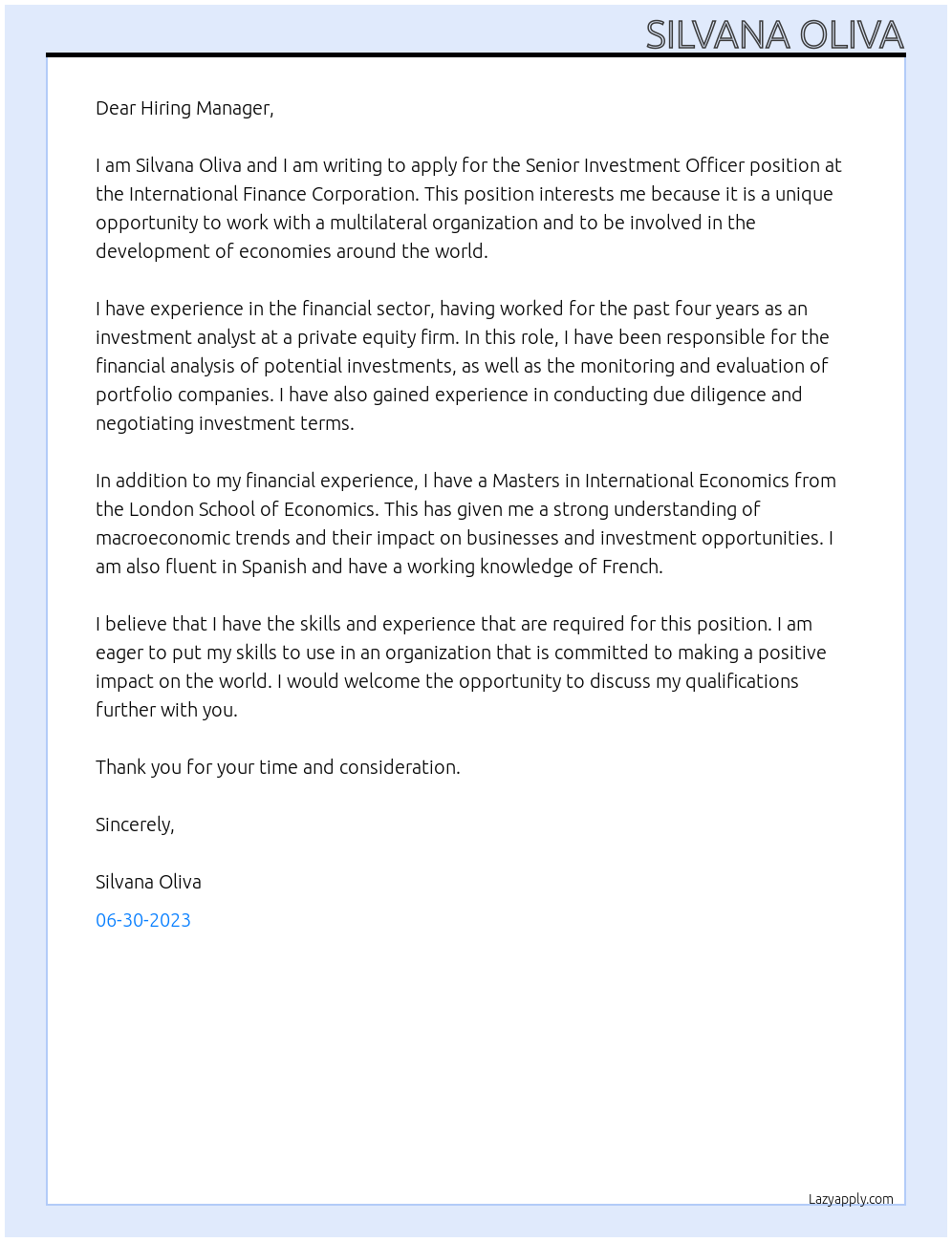 Senior Investment officer At International Finance Corporation Cover Letter