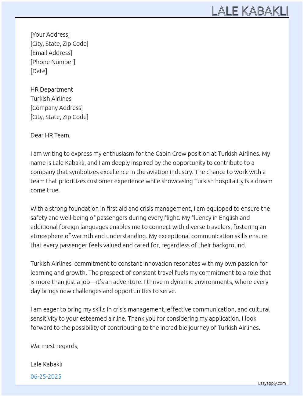 cabin crew At turkish airlines Cover Letter