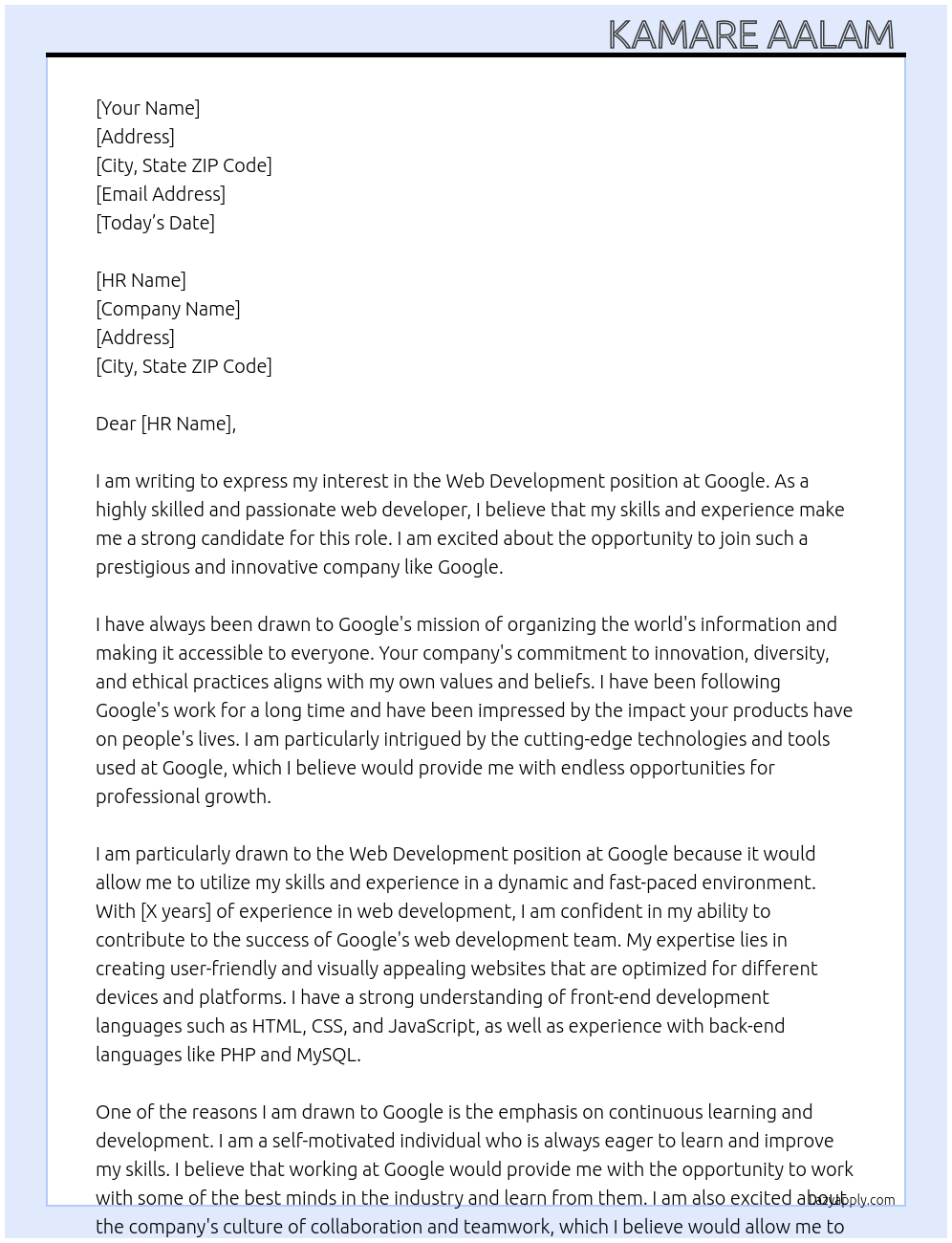 Web development At Google Cover Letter