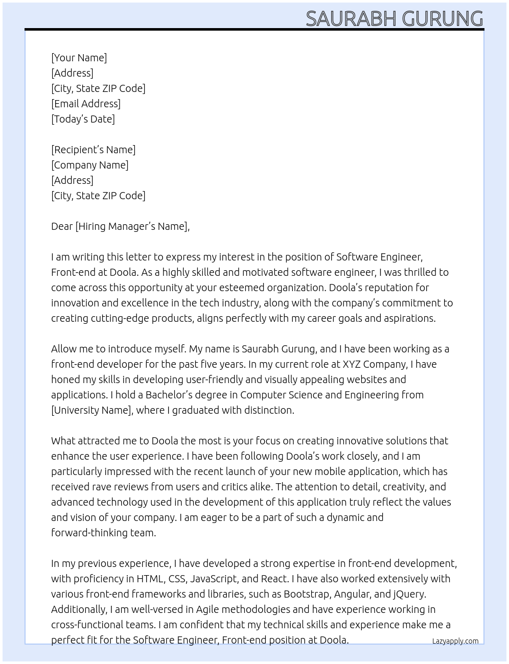Software Engineer, Front-end At Doola Cover Letter