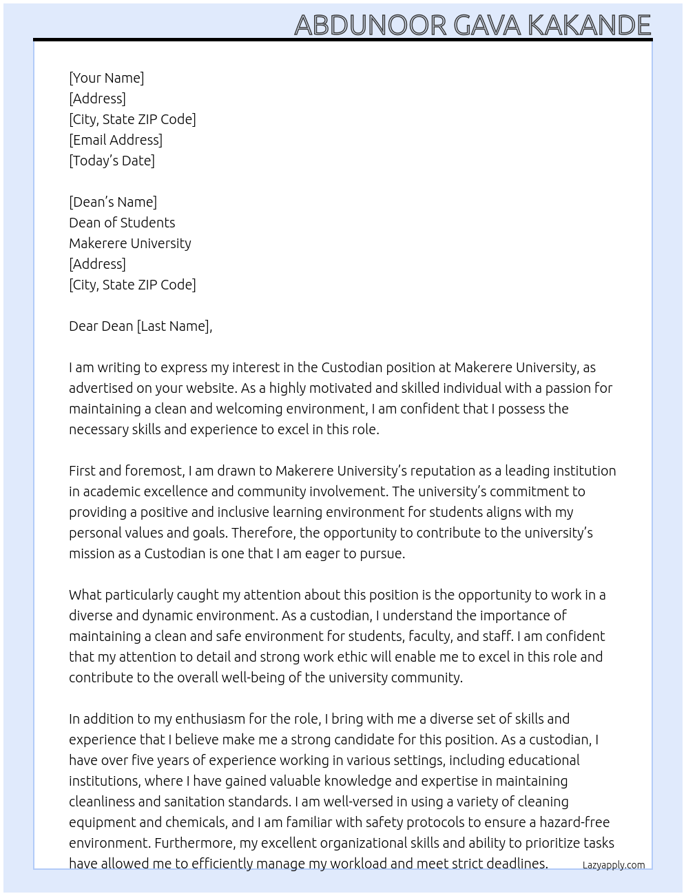 custodian At makerere university Cover Letter