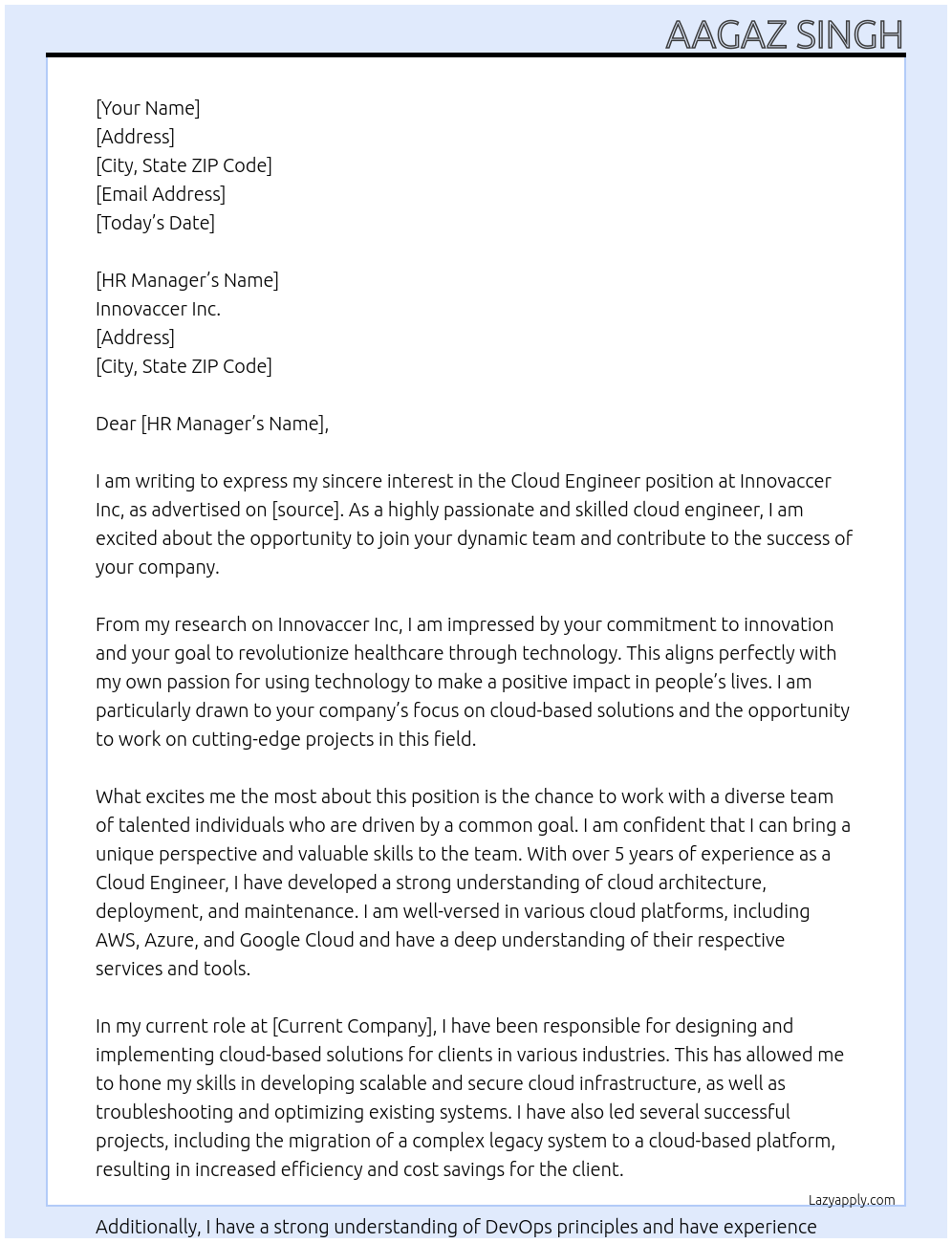 cloud engineer At Innovaccer Inc Cover Letter