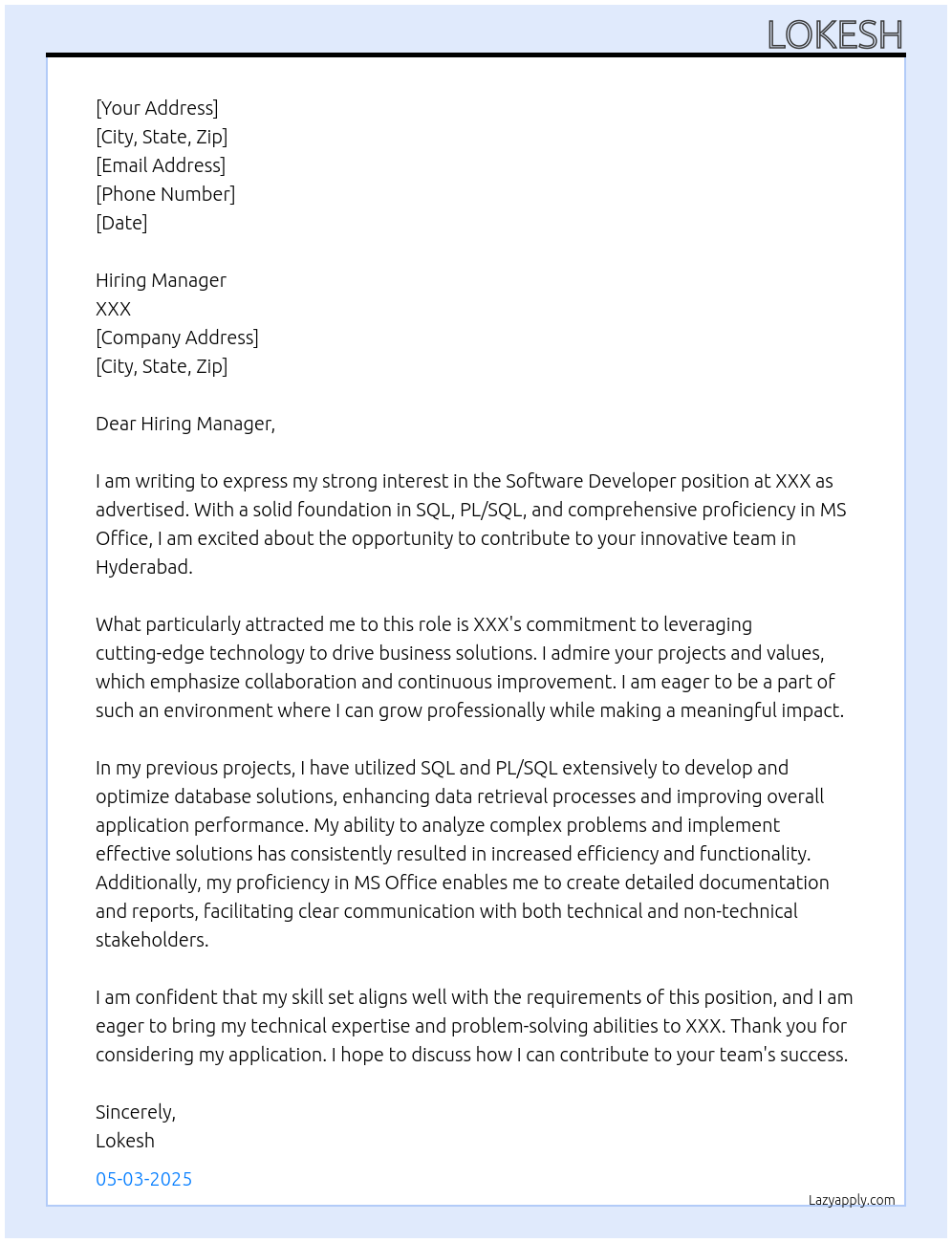 Software Developer  At XXX Cover Letter