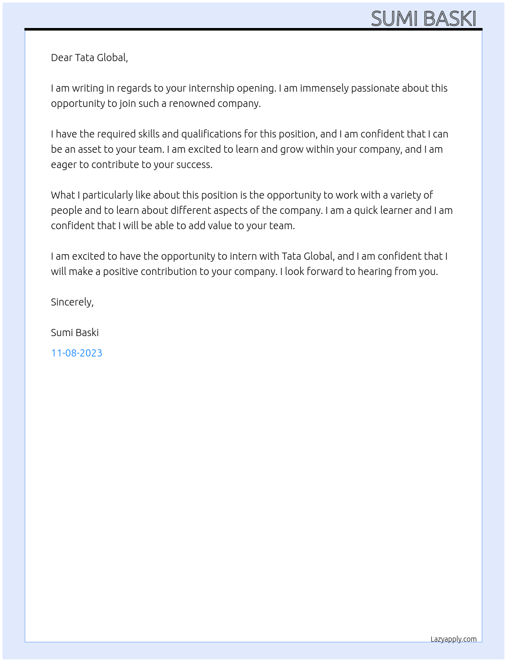 Intership At Tata globle intership Cover Letter