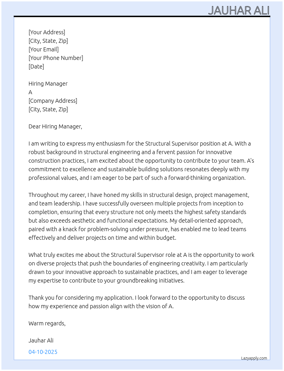 Cover letter for structural supervisor - LazyApply