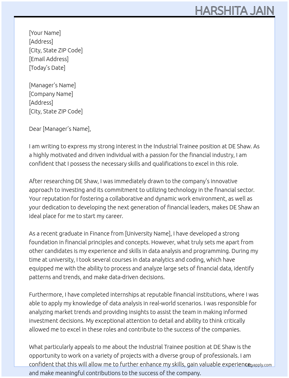 Industrial Trainee At DE Shaw Cover Letter