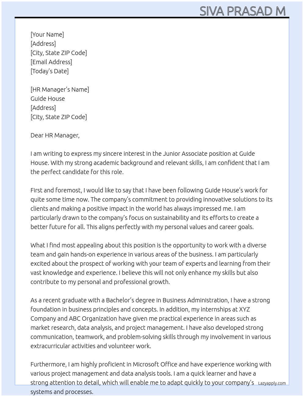 Junior Associate At Guide House Cover Letter