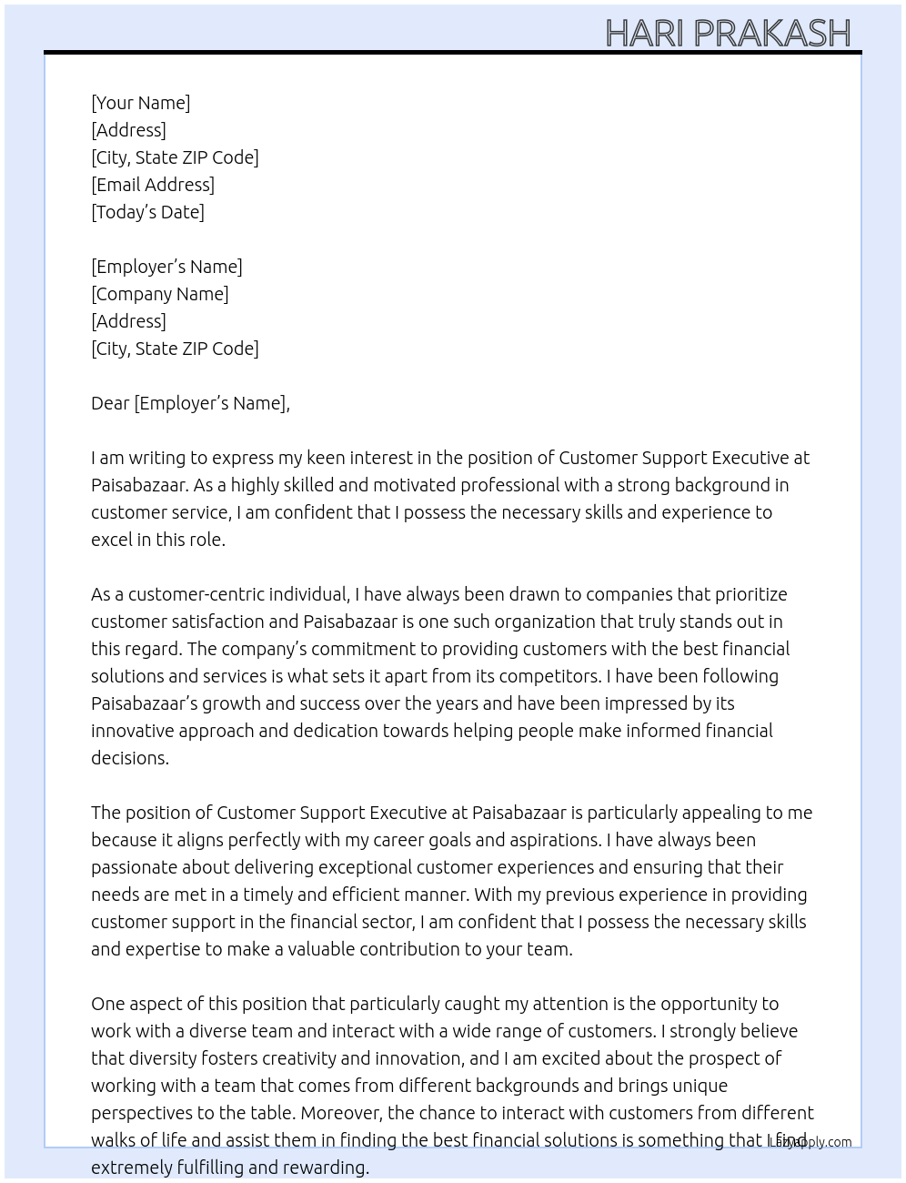 Customer Support Executive At Paisabazaar Cover Letter
