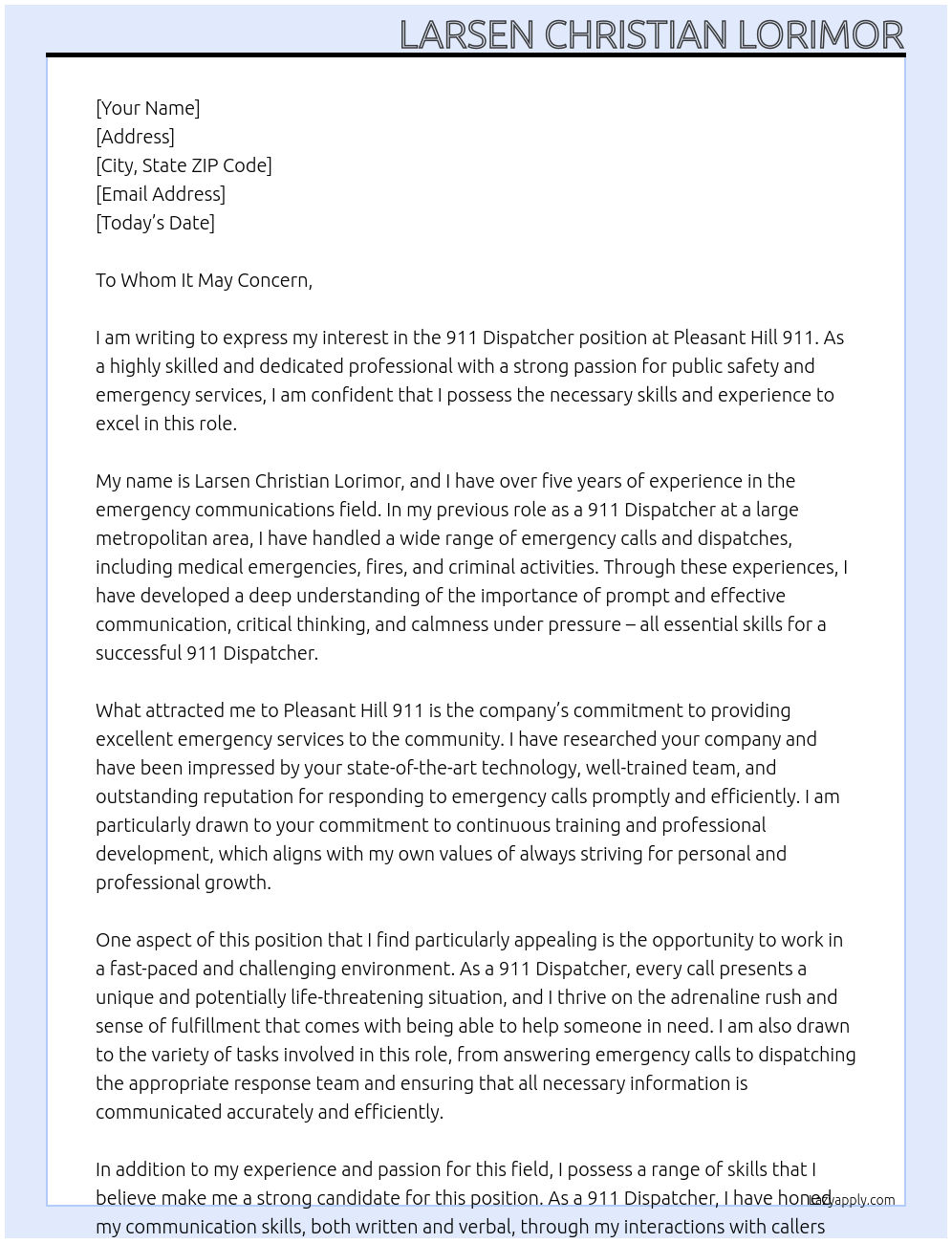 911 Dispatcher At Pleasant Hill 911 Cover Letter