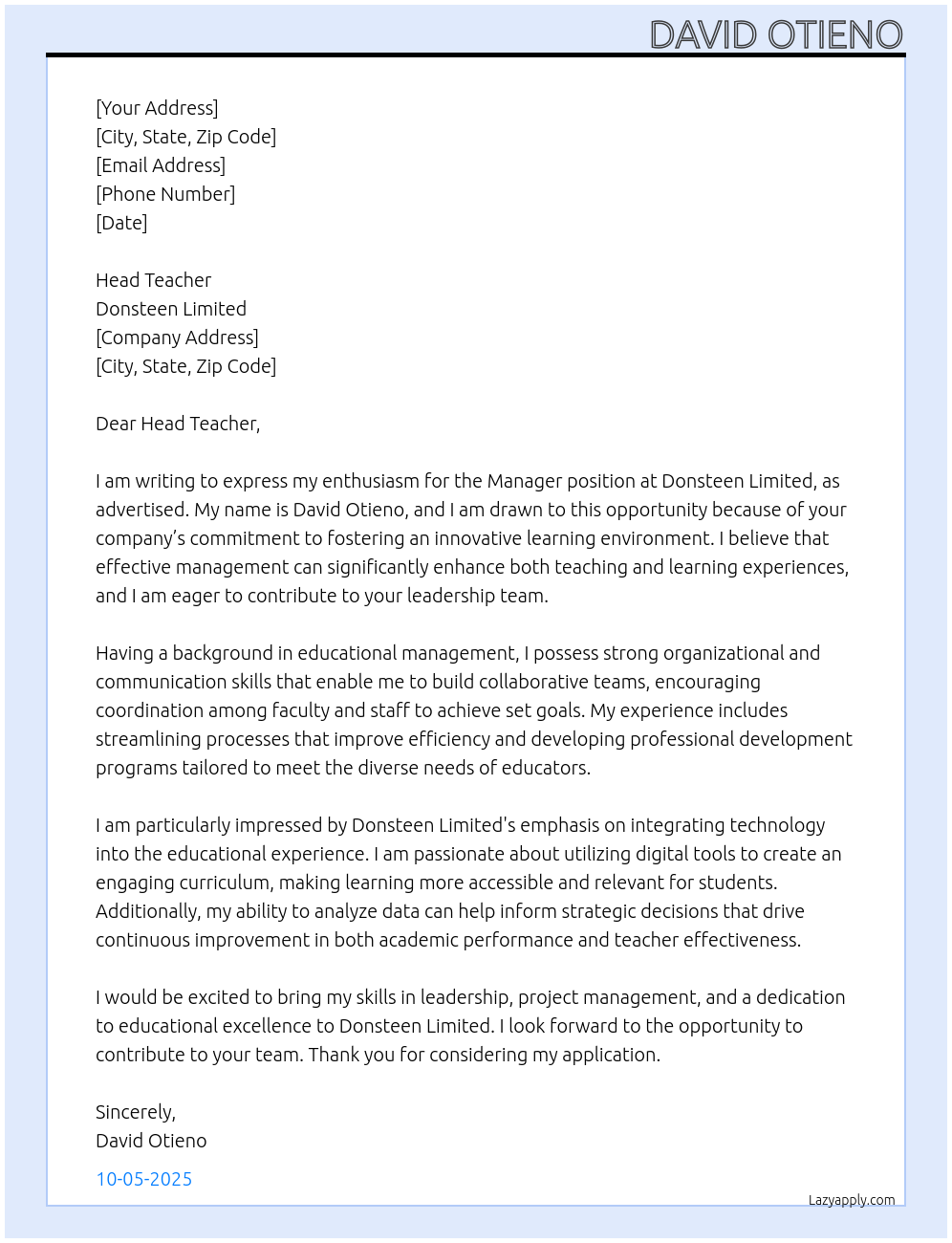 manager At donsteen limited Cover Letter