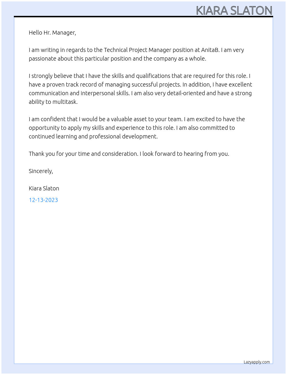 Technical Project Manager At AnitaB Cover Letter