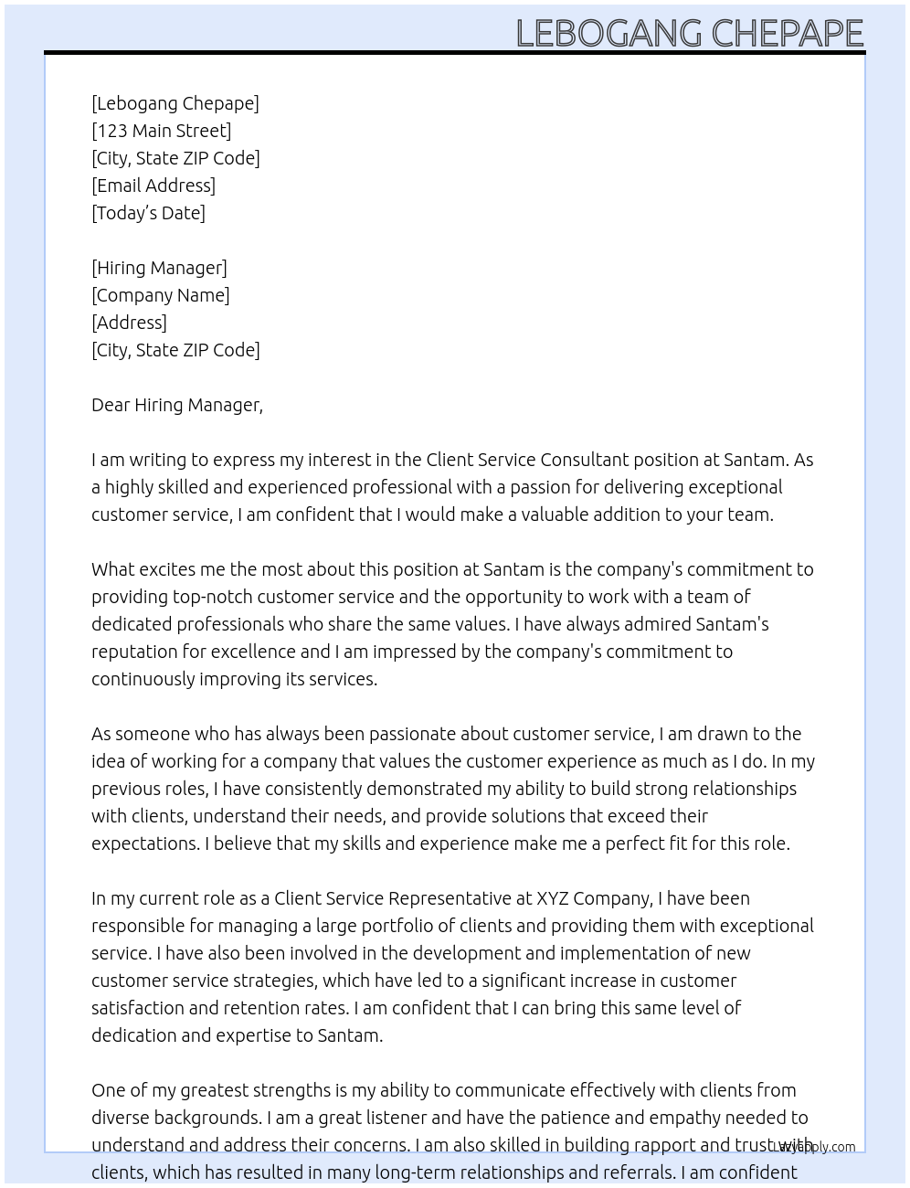 Client service consultant At Santam Cover Letter