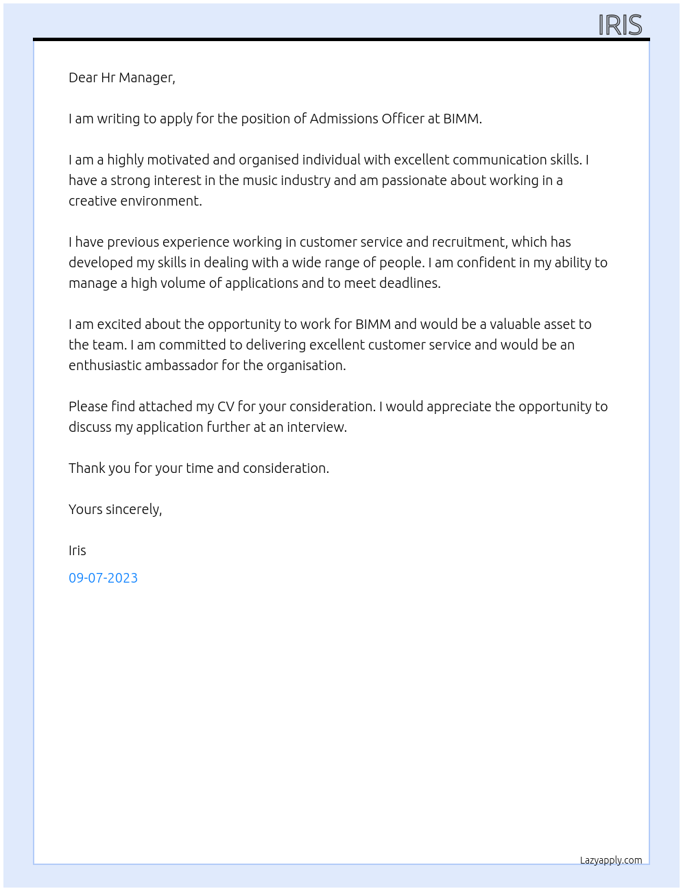 Admissions Officer At BIMM Cover Letter