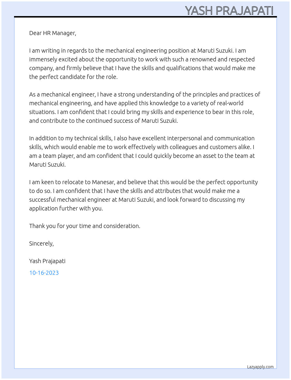 Mechanical engineering At Maruti Suzuki Cover Letter