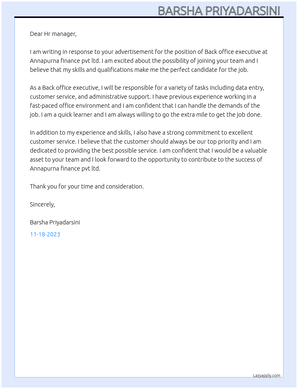 Back office executive  At Annapurna finance pvt ltd  Cover Letter