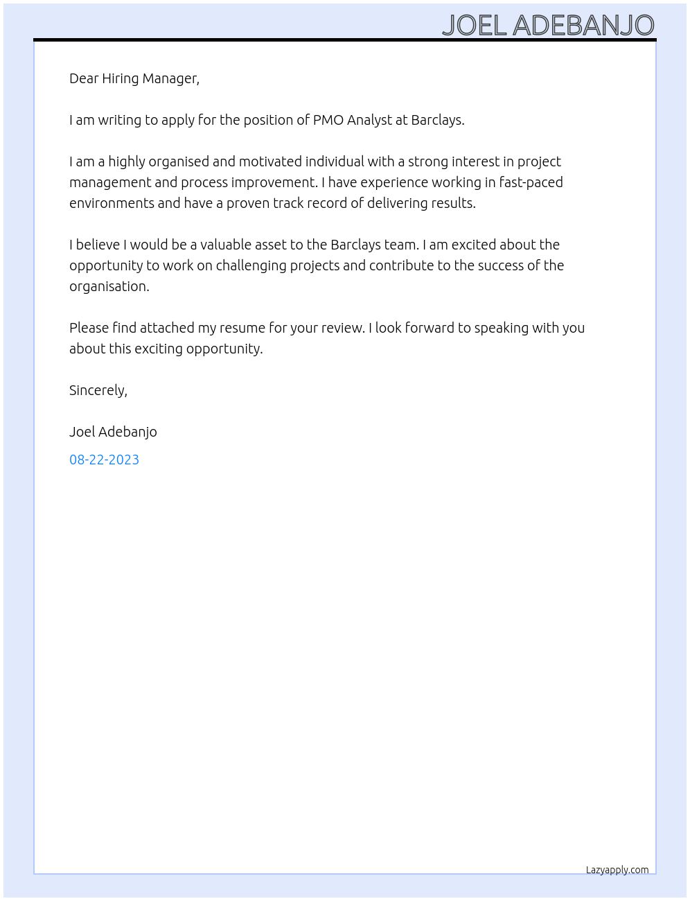 PMO Analyst At Barclays Cover Letter