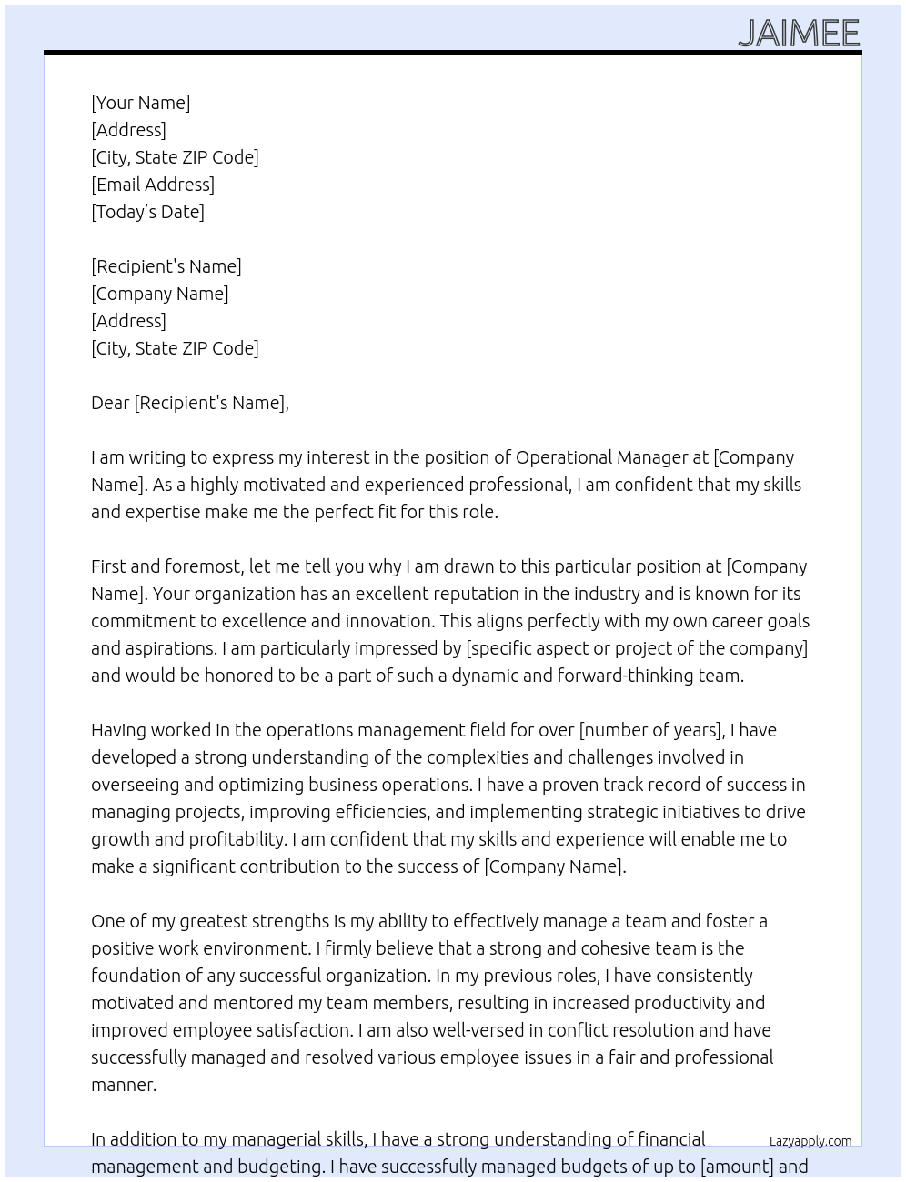 OPERATIONAL MANAGER At xx Cover Letter