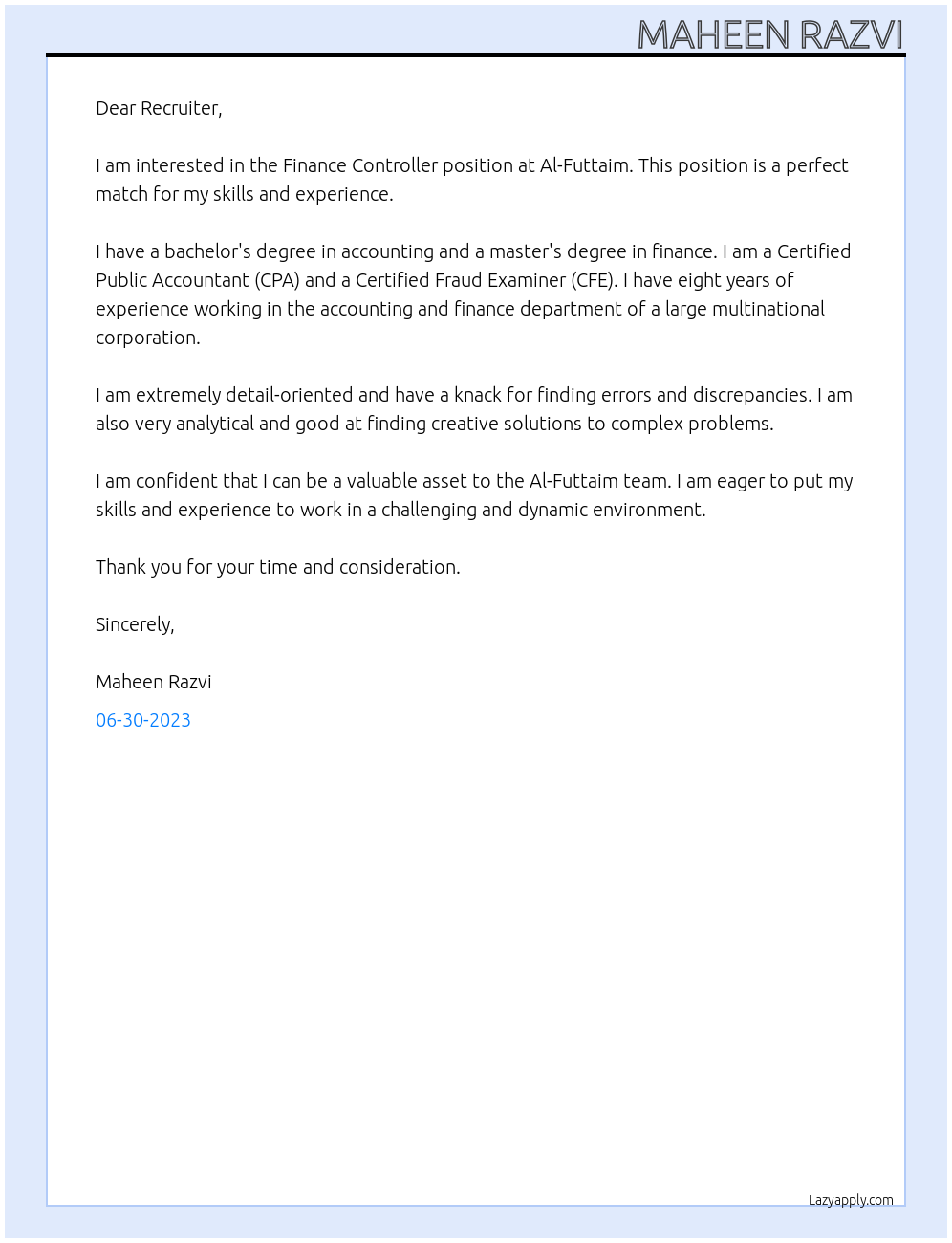 Finance Controller At Al-Futtaim Cover Letter