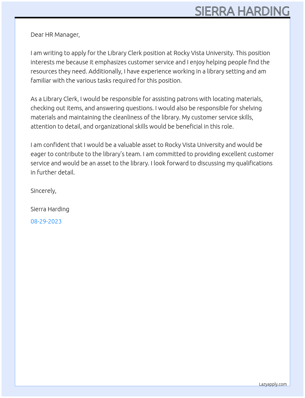 Library Clerk At Rocky Vista University Cover Letter