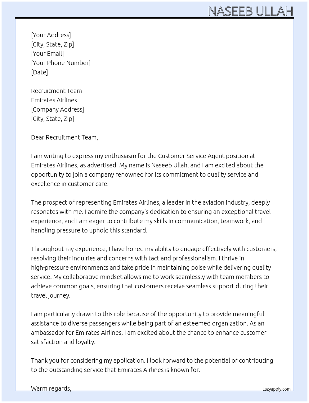 Customer service agent  At Emirates Airlines  Cover Letter