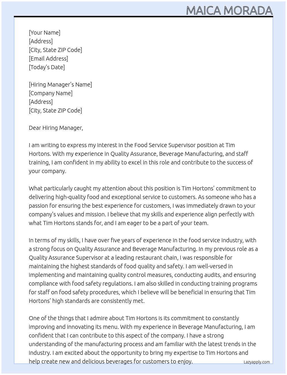 Food Service Supervisor At Tim Hortons Cover Letter