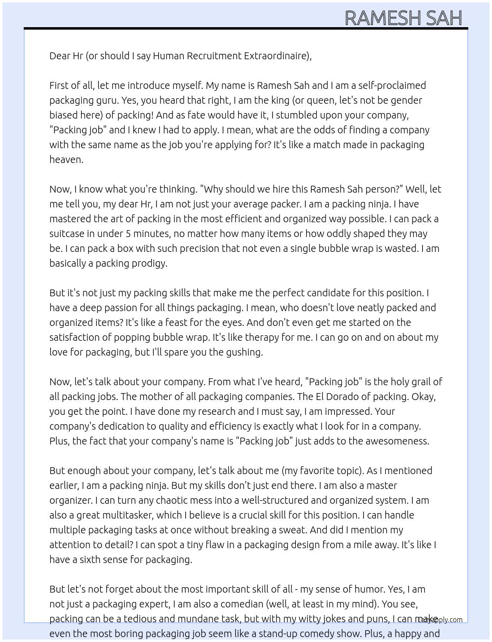 Packing At Packing job Cover Letter