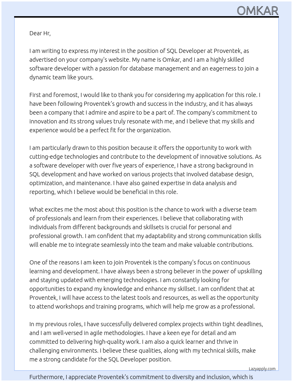 Sql developer At Proventek Cover Letter