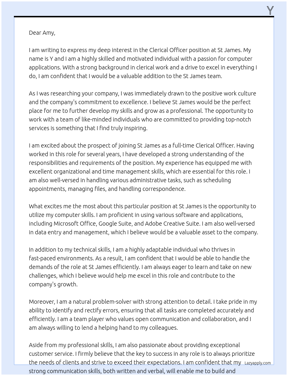 Clerical officer At St James Cover Letter