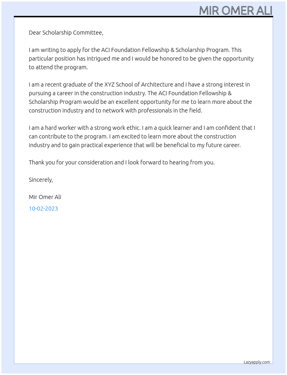 Scholarship At ACI Foundation Fellowship & Scholarship Program Cover Letter