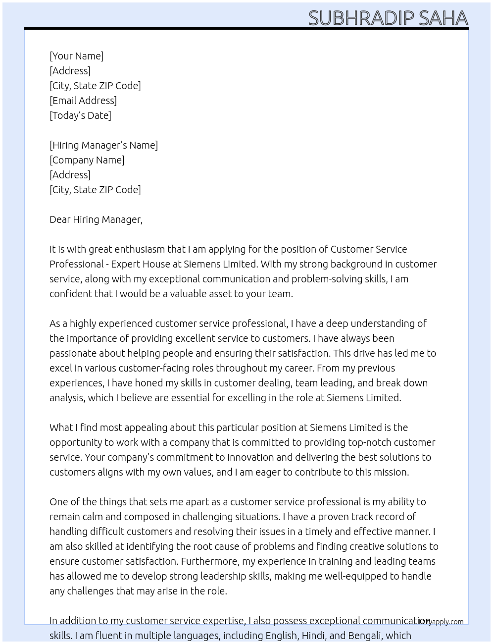 Customer Service Professional - Expert House At Siemens Limited Cover Letter