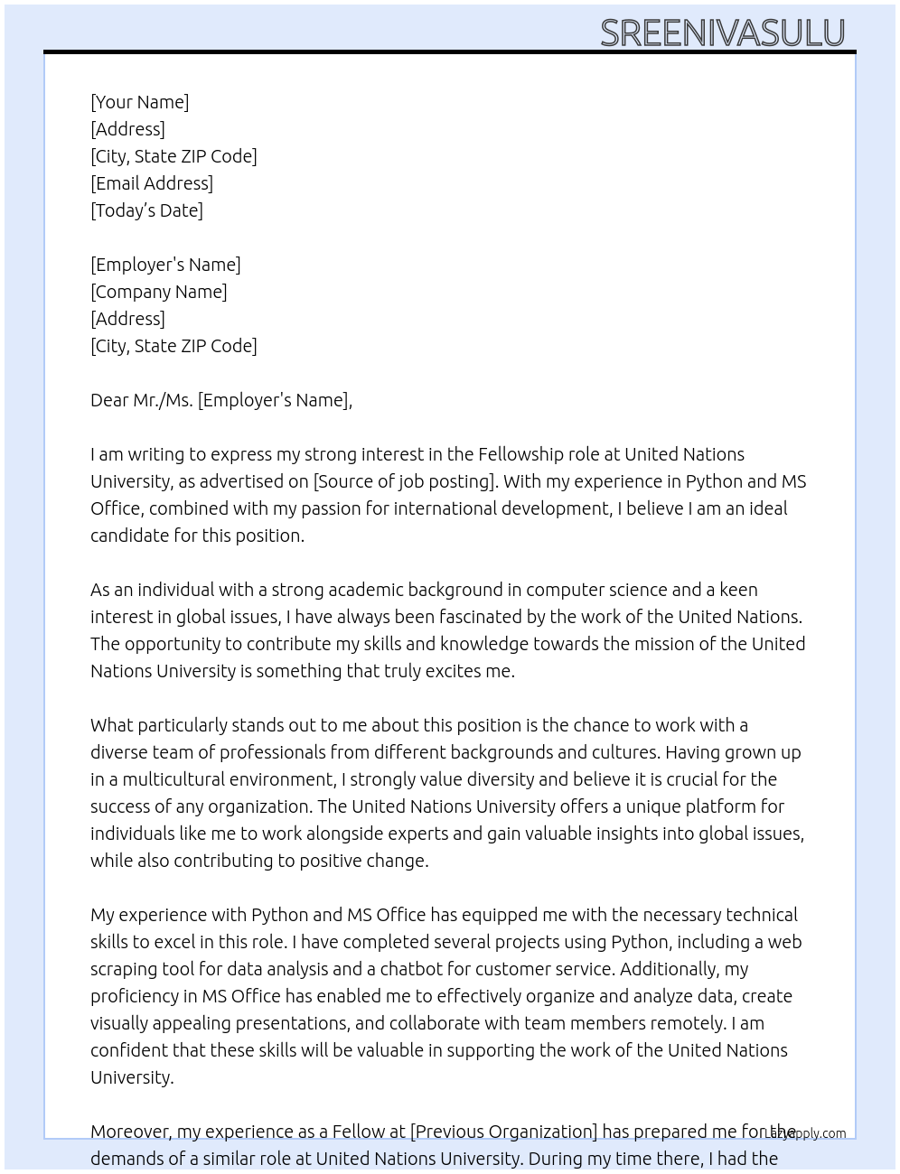 Fellowship At United Nations University Cover Letter