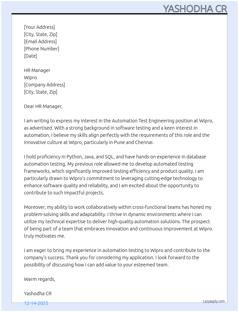 Automation test engineering At Wipro Cover Letter