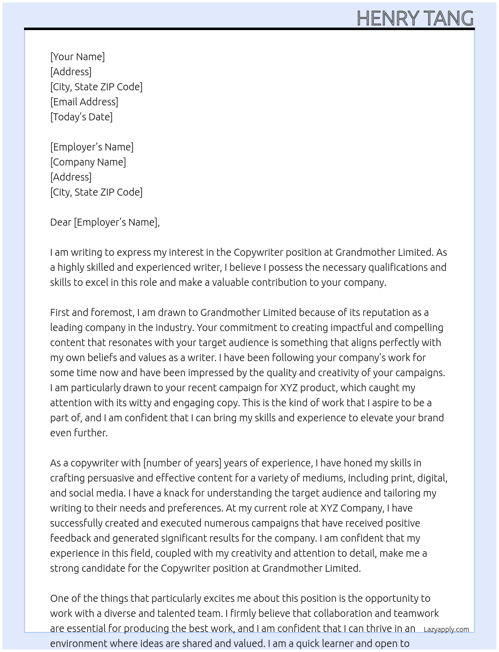 Copywriter At Grandmother Limited Cover Letter