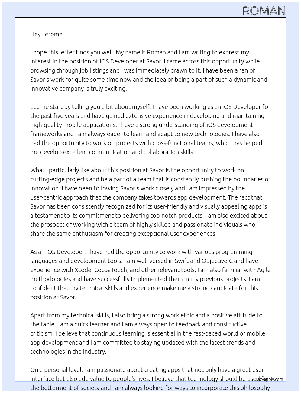 iOS Developer At Savor Cover Letter