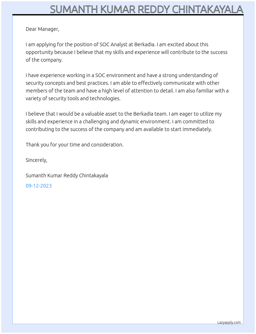 SOC Analyst At Berkadia Cover Letter