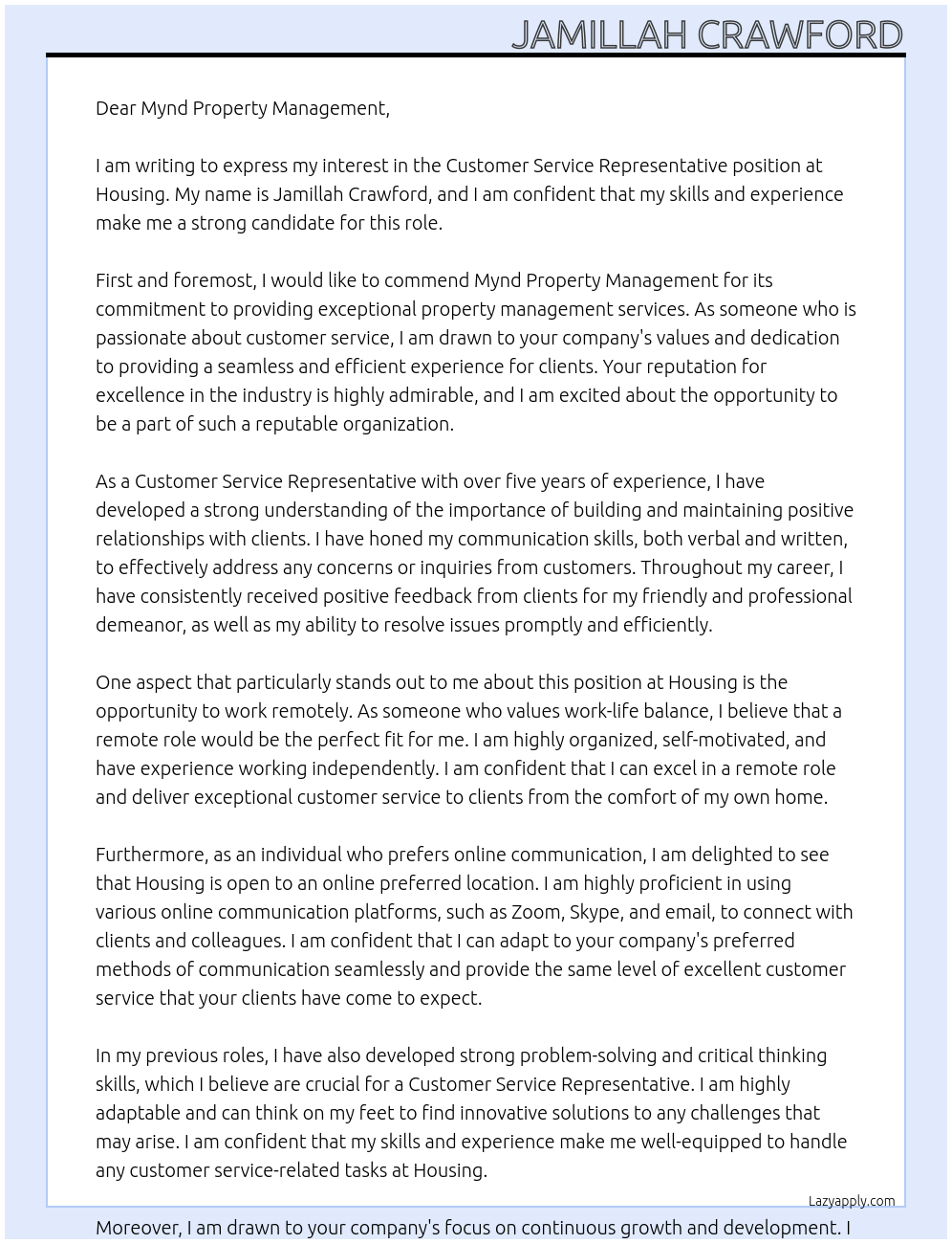 Customer service rep At Housing Cover Letter