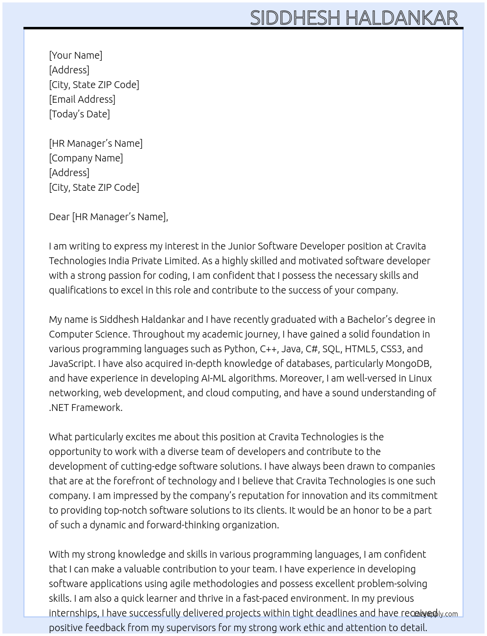 Junior Software Developer At Cravita Technologies India Private Limited Cover Letter
