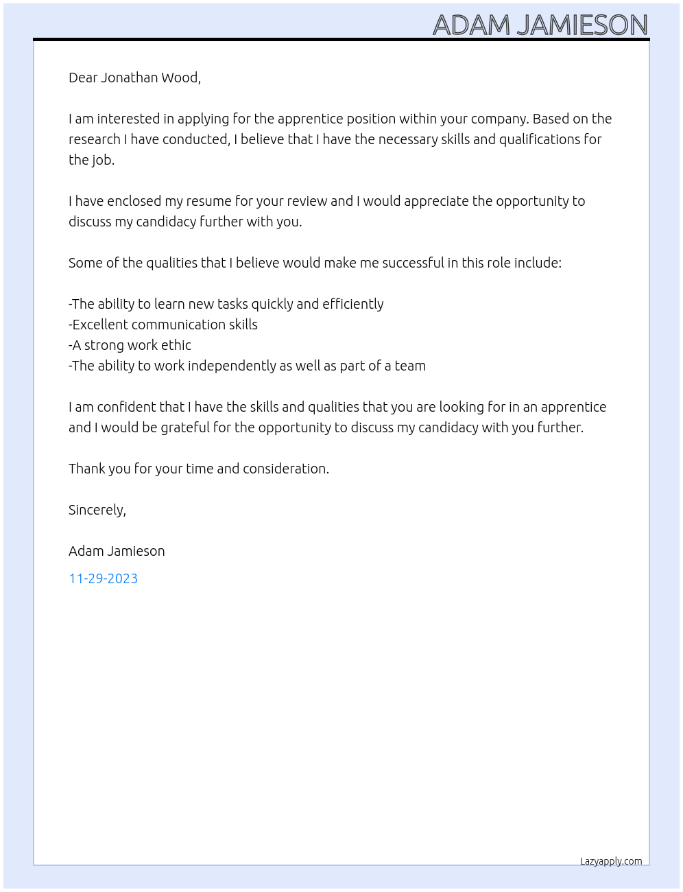 Apprentice At Jonathan Wood Cover Letter