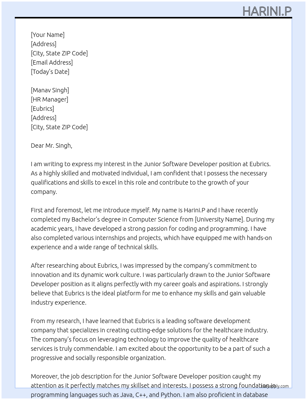 junior software developer At Eubrics Cover Letter