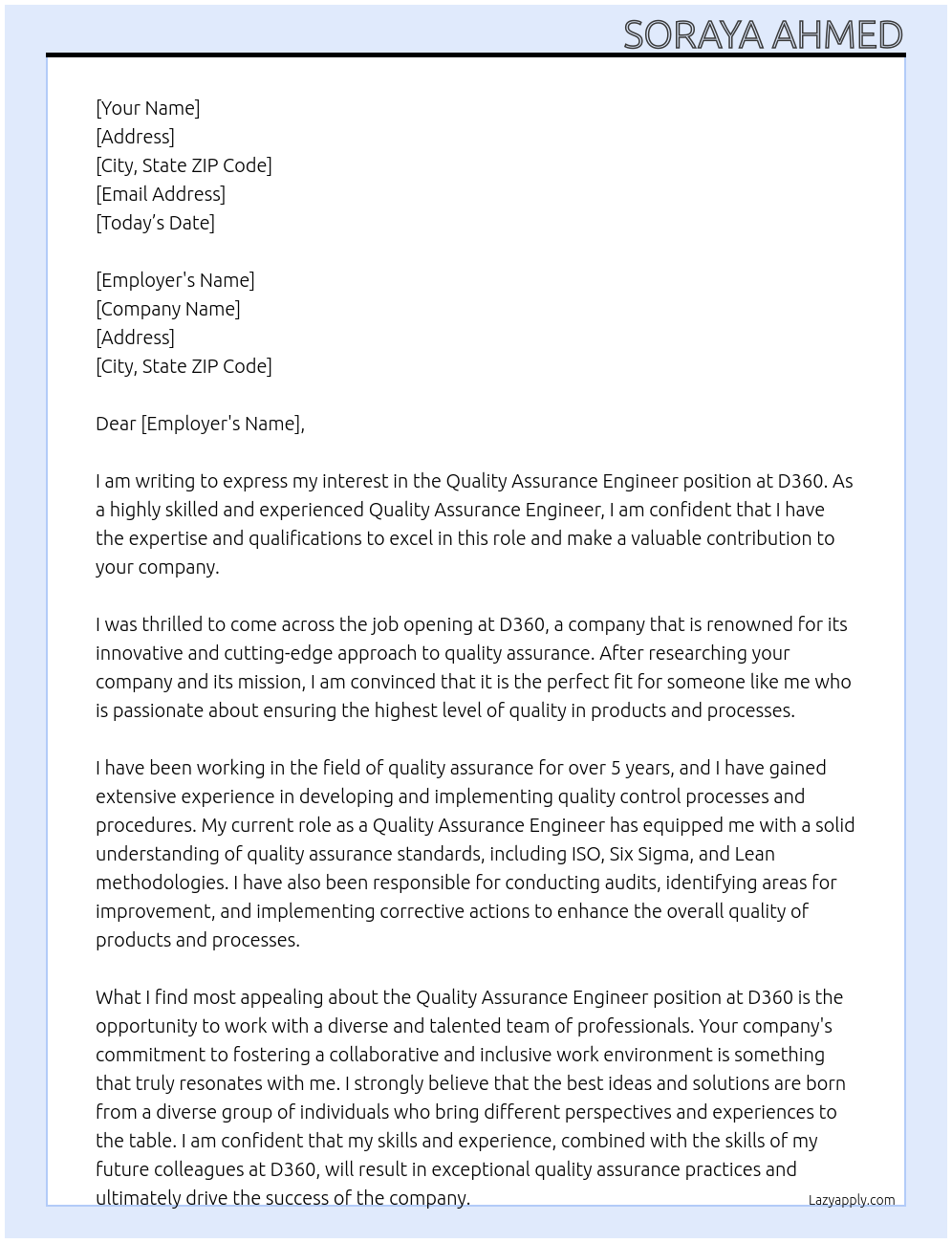 Quality Assurance Engineer At D360 Cover Letter