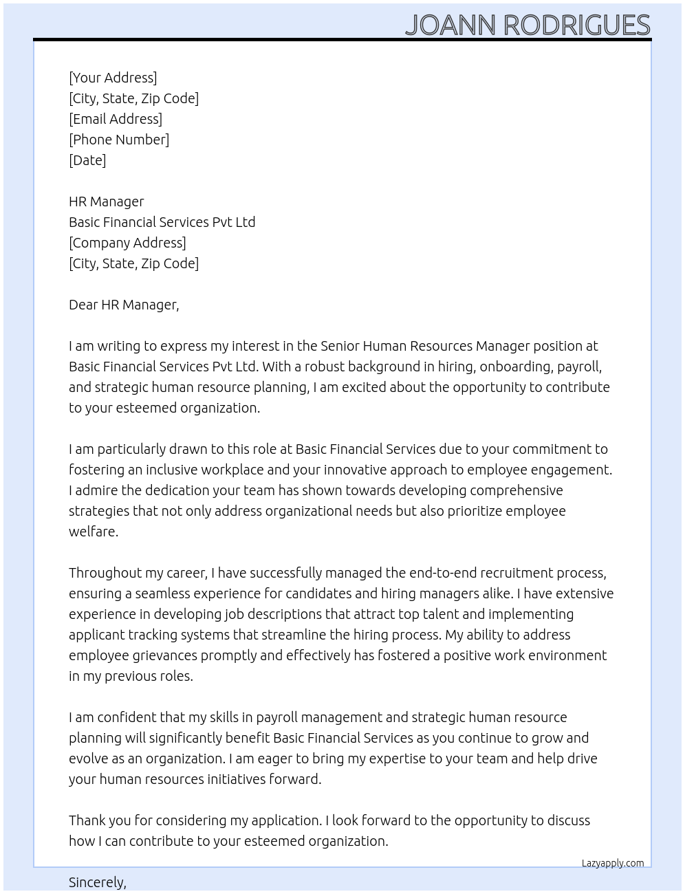 Senior Human Resources Manager At Basic Financial Sevices Pvt Ltd Cover Letter