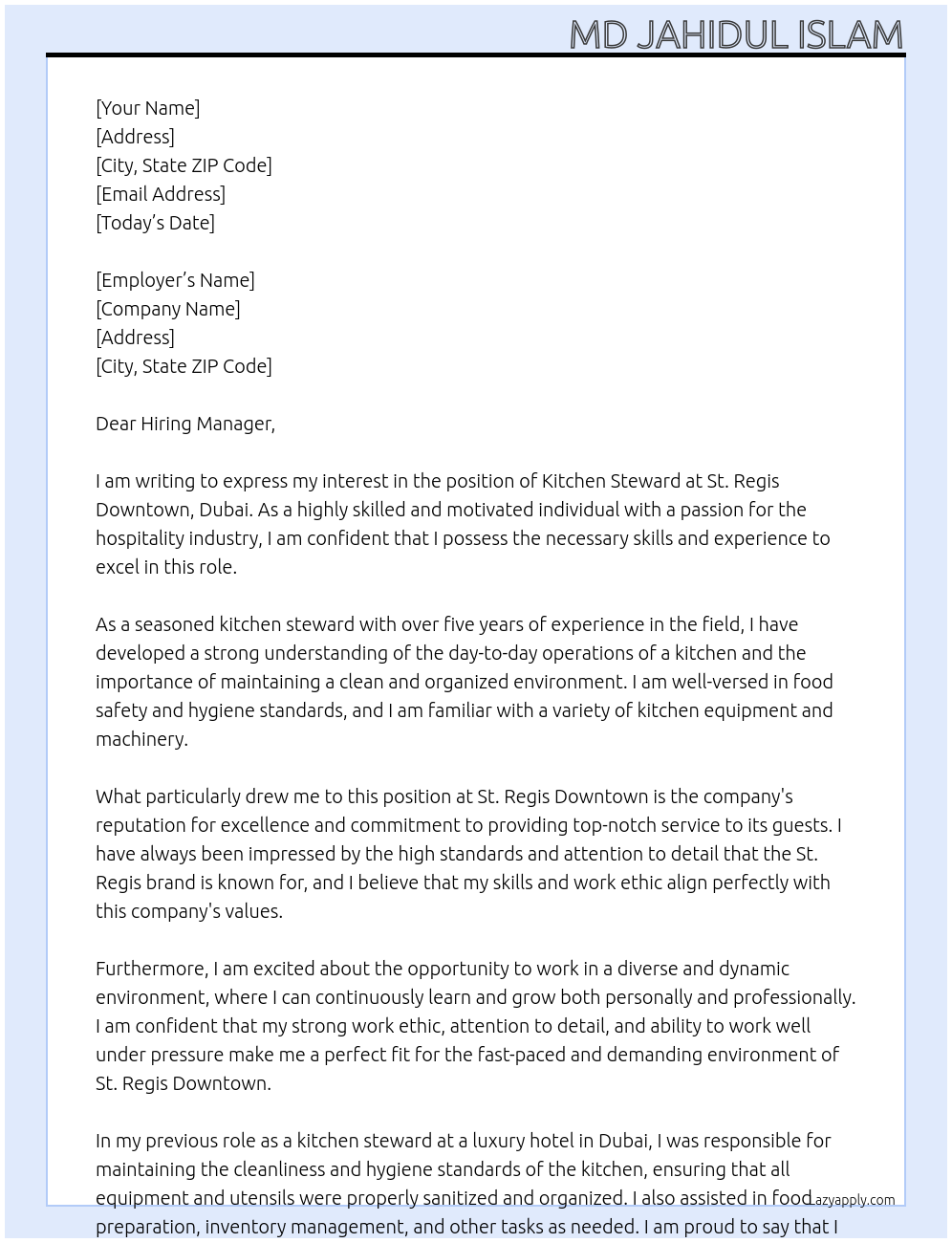 Kitchen steward At St. Regis Downtown, Dubai Cover Letter